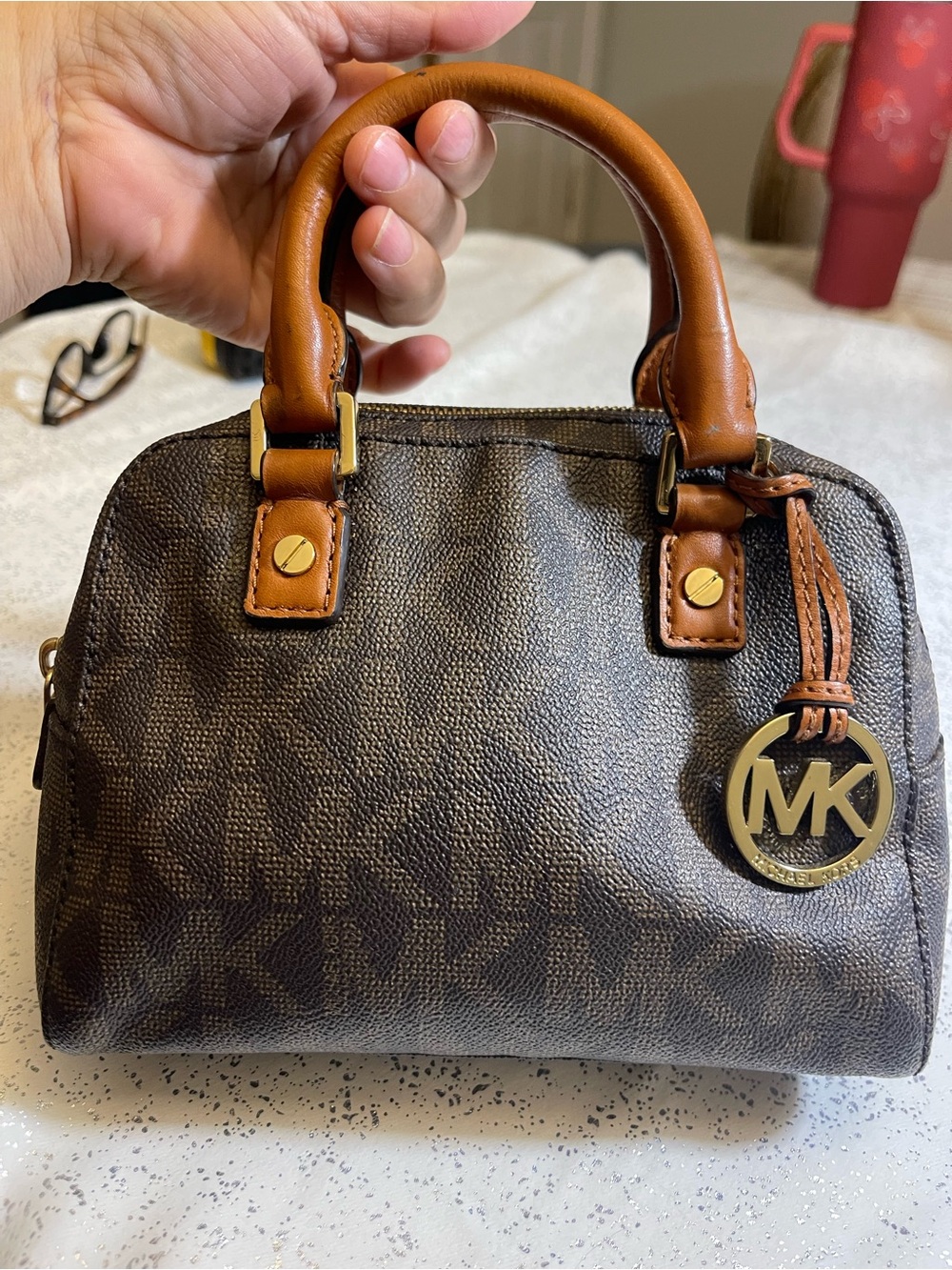 Michael Kors Brown Monogram Satchel with Tan Leather Handles